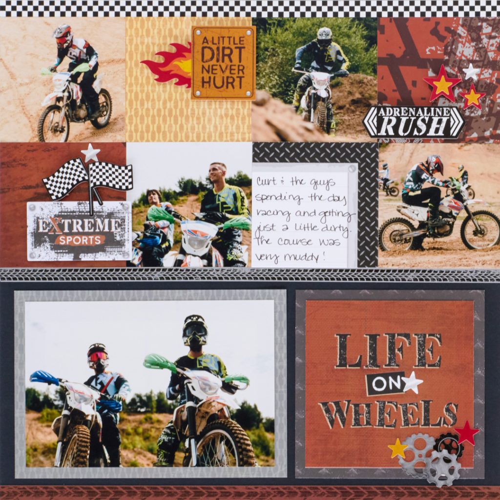 Motorsports-themed scrapbooking layout.