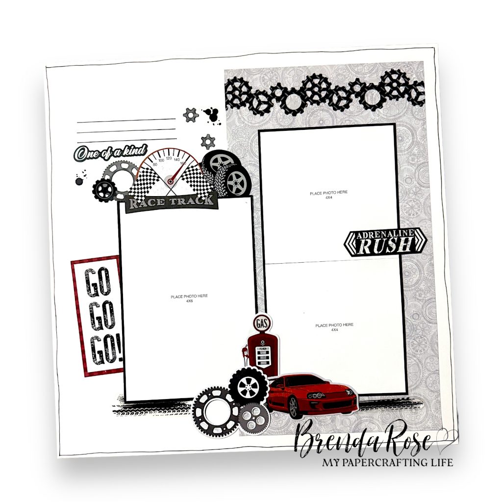 Motorsports themed scrapbook layout by Brenda Rose.