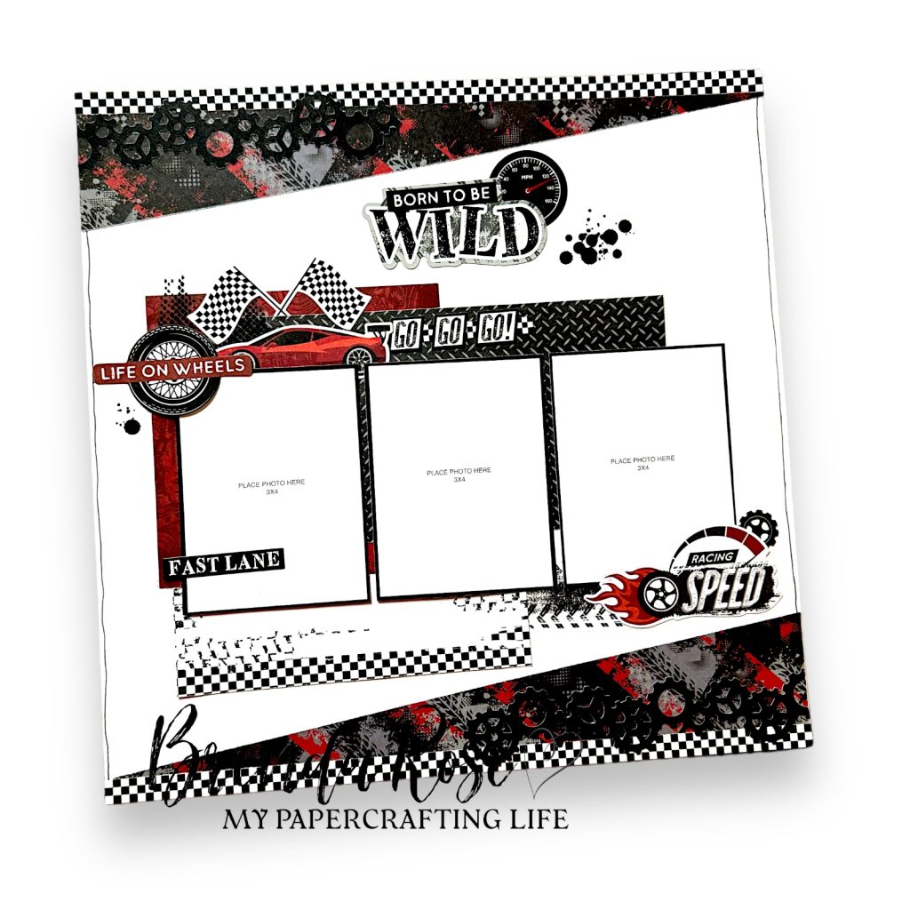 Motorsports themed scrapbook layout by Brenda Rose.