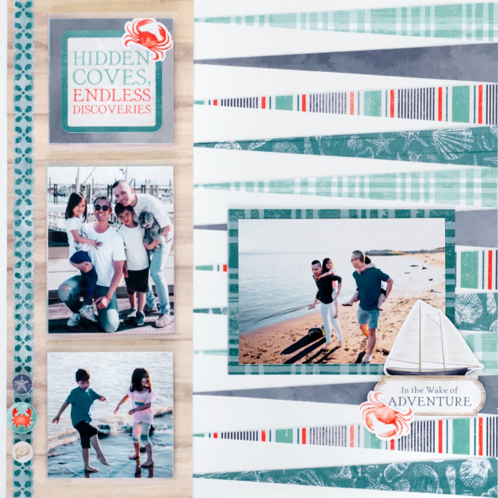 Coastal scrapbook layout with photo pockets.