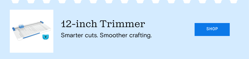 Image of a 12-inch trimmer with a blue design, featuring a cutting mat and a blade, promoting precise cuts for crafting.