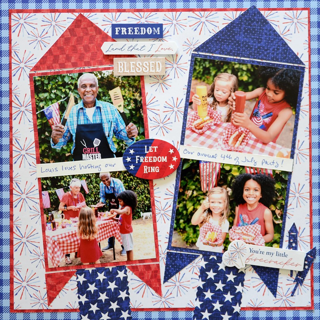 Collage showcasing a festive July 4th gathering, featuring a smiling man in a grill apron, children enjoying hot dogs, and various patriotic decorations with phrases like 'Let Freedom Ring'.