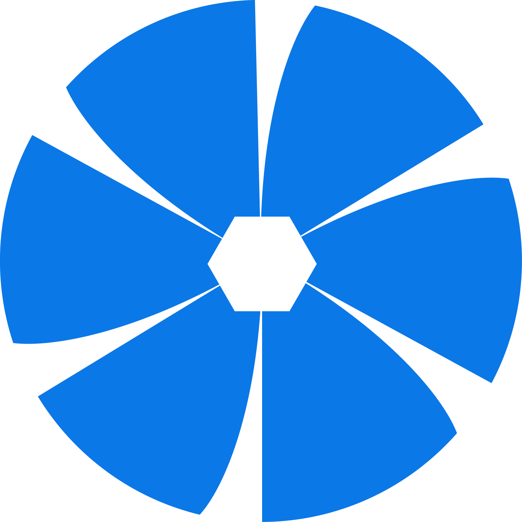 A stylized fan or flower shape with eight blue petals surrounding a white hexagon in the center.