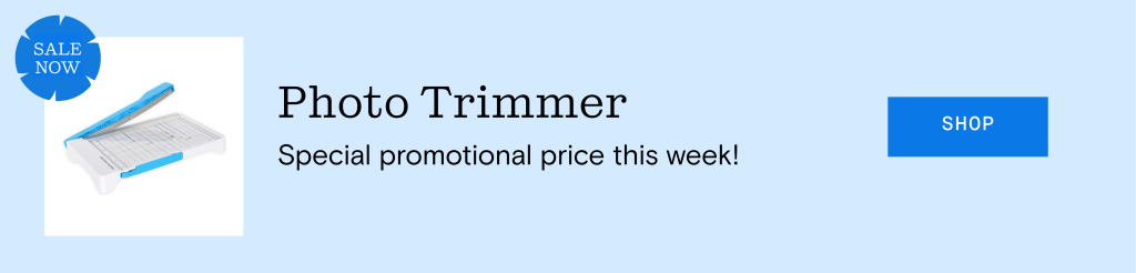 Promotional banner for a photo trimmer with a blue background, featuring an image of the trimmer, the text 'Photo Trimmer', and a 'Shop' button.