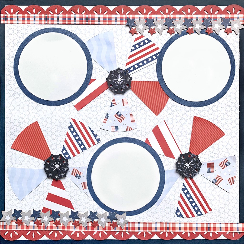 A decorative scrapbook page featuring three circular photo frames, surrounded by red, white, and blue pinwheel designs and star embellishments.