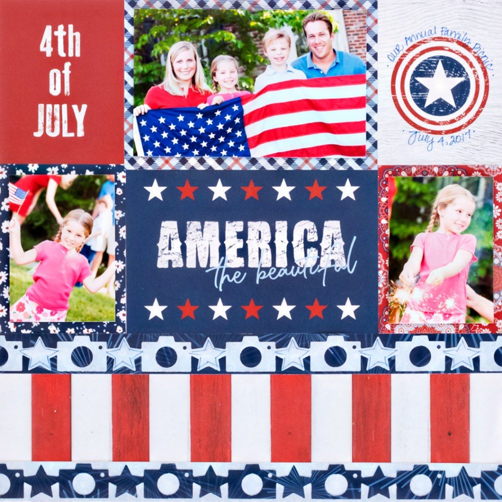A patriotic scrapbook layout celebrating the 4th of July, featuring family photos, decorative elements like stars and stripes, and the text 'America the Beautiful'.