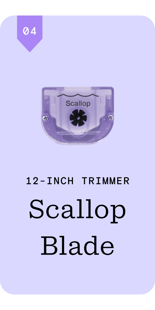 Image of a scallop blade attachment for a 12-inch trimmer, featuring a purple background and labeled with 'Scallop Blade'.