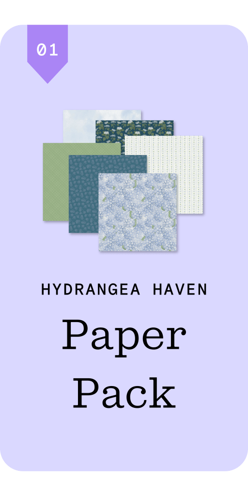 Graphic showcasing a 'Hydrangea Haven Paper Pack' with various patterned paper samples in shades of blue and green on a purple background.