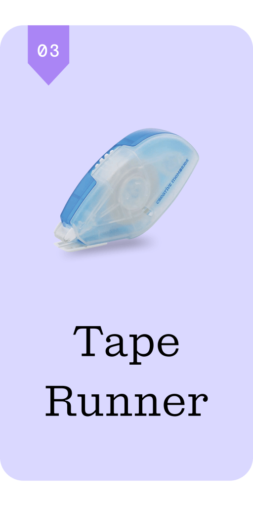 A tape runner tool for applying adhesive, featuring a transparent body and blue accents.