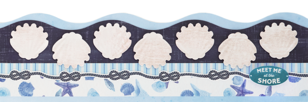 A decorative border featuring ocean-themed elements, including light blue waves, seashells, starfish, and a banner that reads 'MEET ME at the SHORE.'