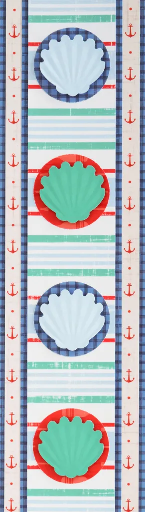 Vertical decorative pattern featuring alternating shell icons in blue and green against a striped background with red anchors.