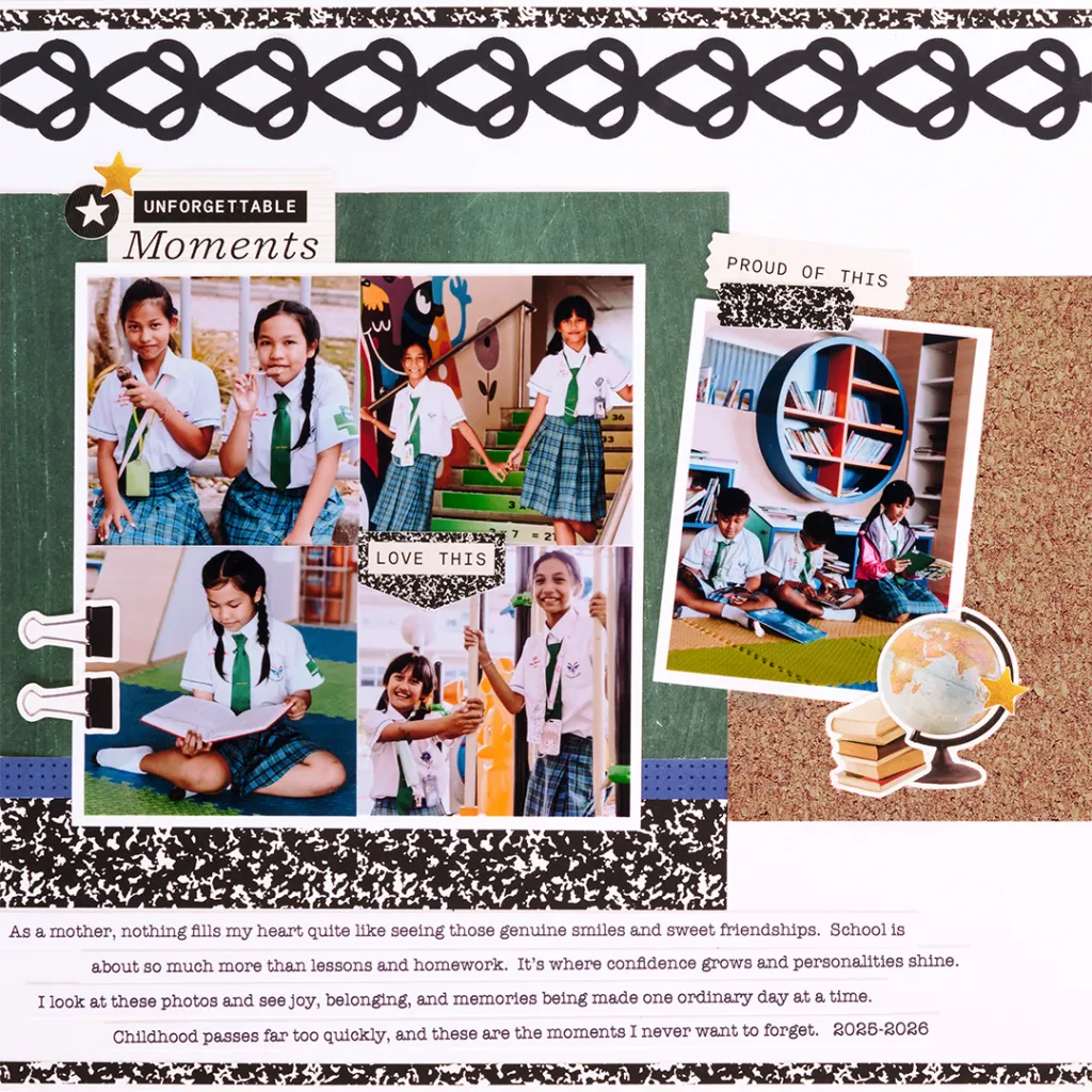 A photo collage featuring children in school uniforms engaged in various activities, showcasing smiles, friendships, and learning moments. Captions highlight the importance of childhood memories and joyful experiences in school.