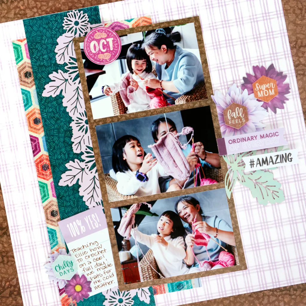 A scrapbook layout featuring three photos of a woman and a young girl happily knitting together. The background has colorful patterned paper with decorative elements like flowers and autumn-themed phrases. The top photo shows the girl looking excited while holding yarn, the middle photo captures both smiling as they knit, and the bottom photo displays the girl proudly showing her work.