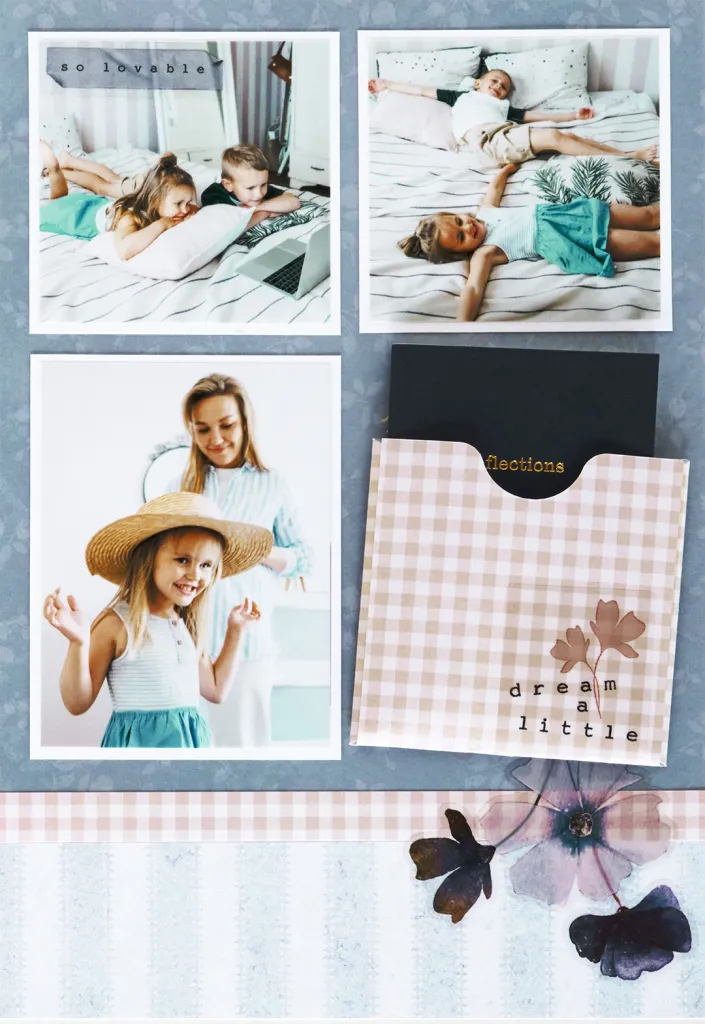 Collage of four photos featuring children and a mother; top left shows two children using a laptop, top right shows a boy lying on a bed, bottom left shows a smiling mother wearing a hat, and bottom right features a joyful girl in a blue dress. Decorative elements include text reading 'so lovable' and 'dream a little' along with floral accents.