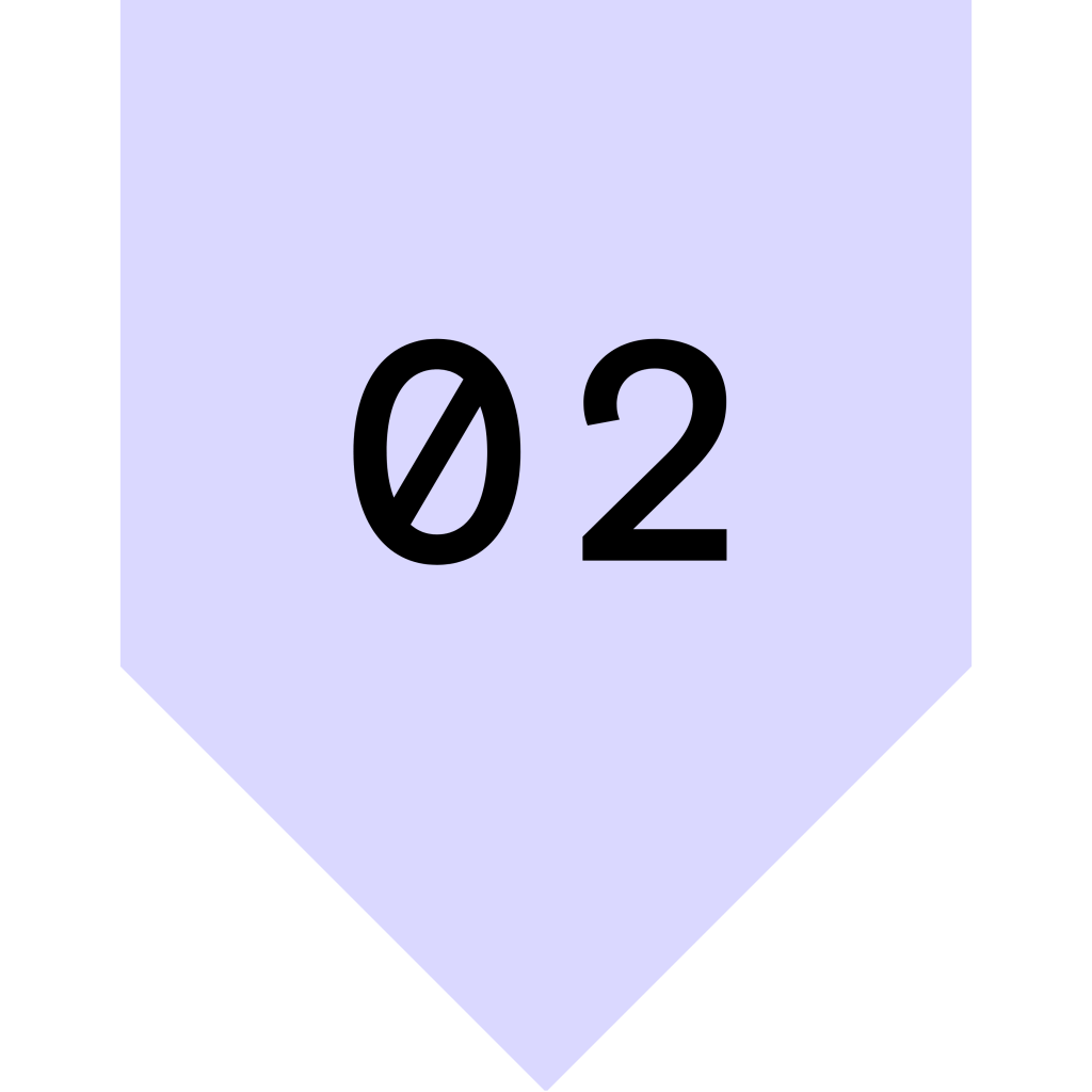 A light purple arrow-shaped tag with the number '02' prominently displayed in black.
