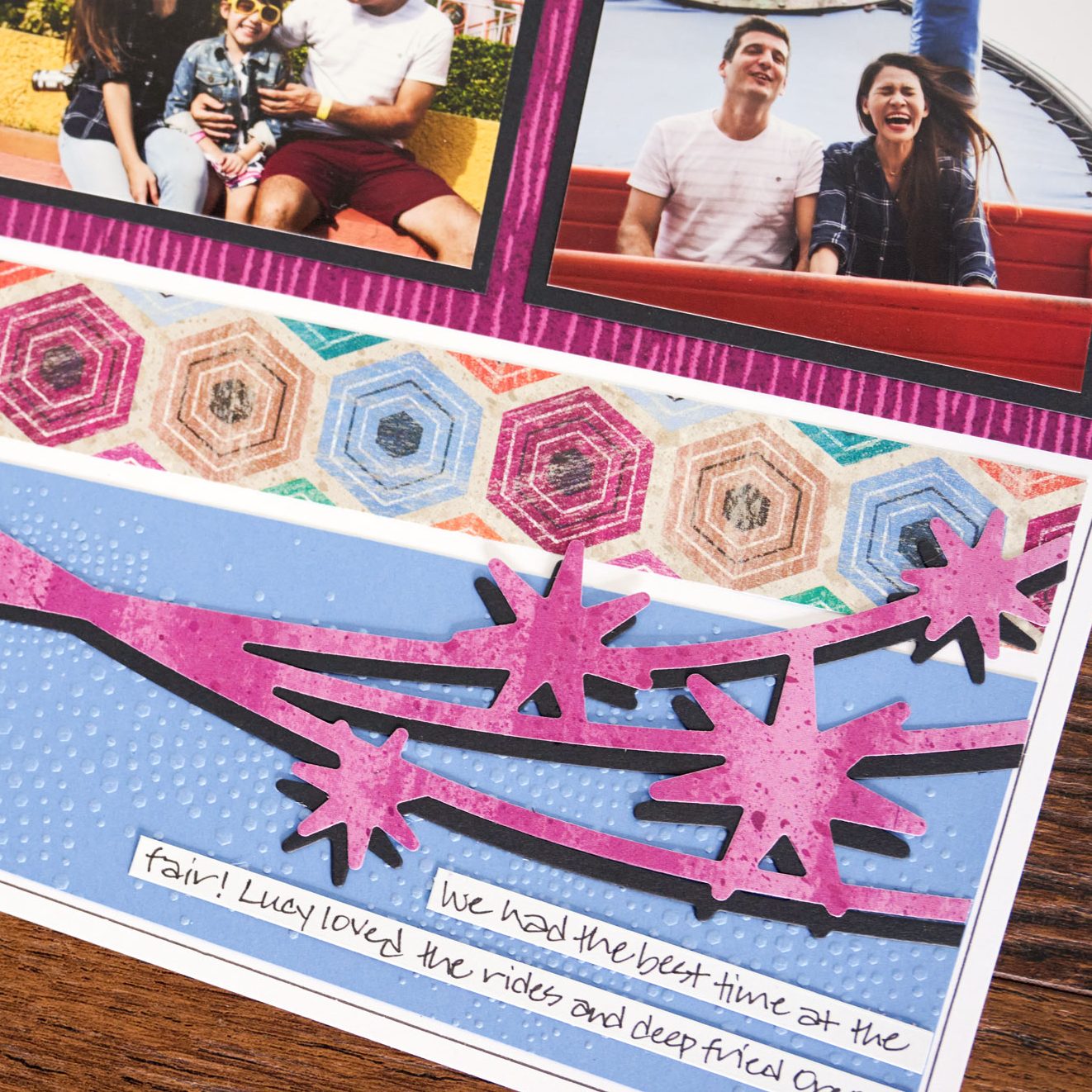 A colorful scrapbook page featuring two photos of people enjoying a fair. Decorative elements include patterned paper, pink star shapes, and handwritten notes expressing joy about the experience.