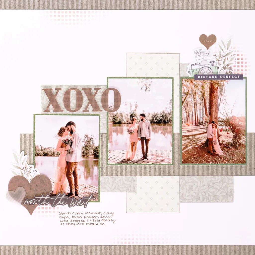 A scrapbook layout featuring three photos of a couple in romantic poses near a body of water, with decorative elements including the words 'XOXO' and 'worth the wait'.
