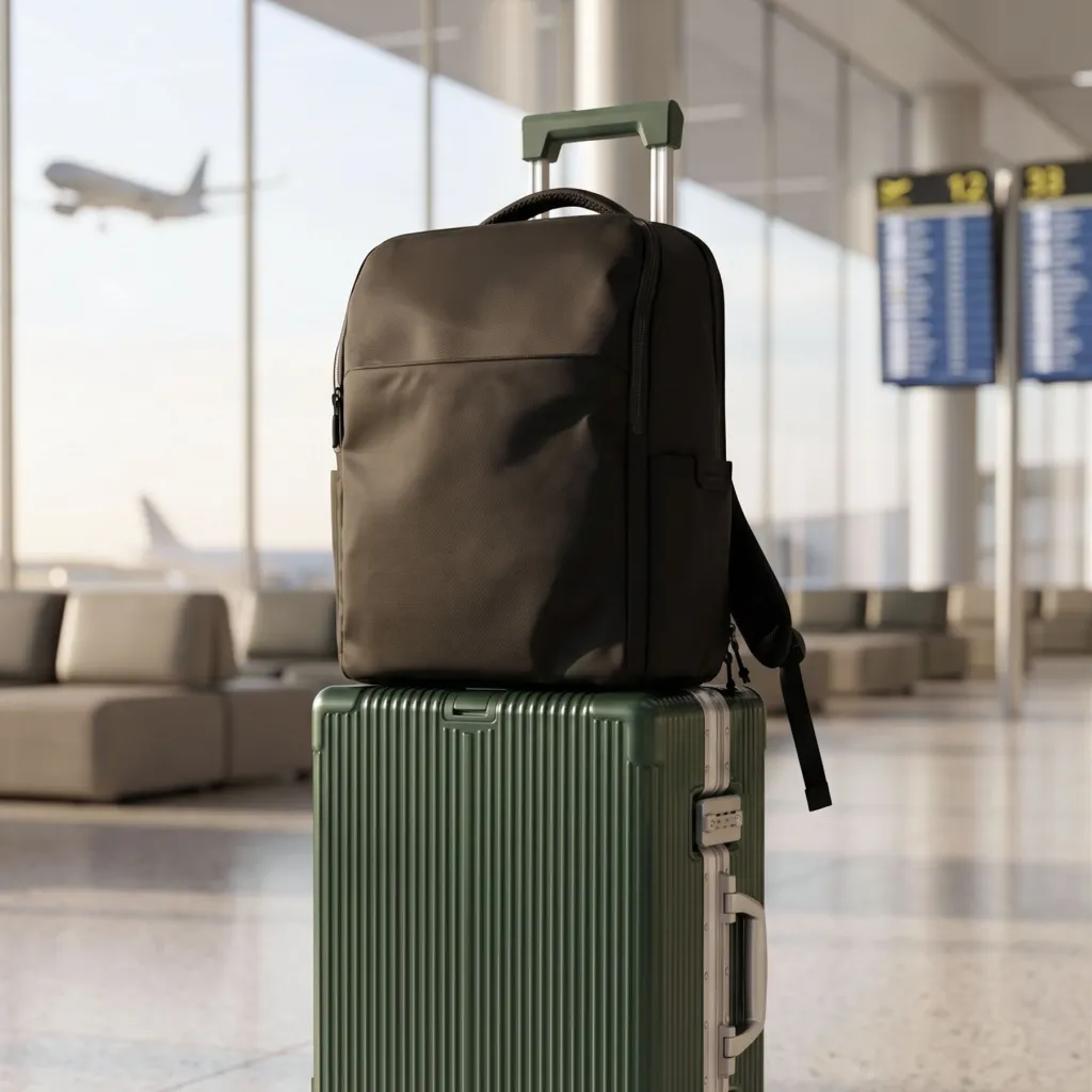 A black backpack resting on top of a green hard-shell suitcase in an airport terminal, with an airplane visible in the background.