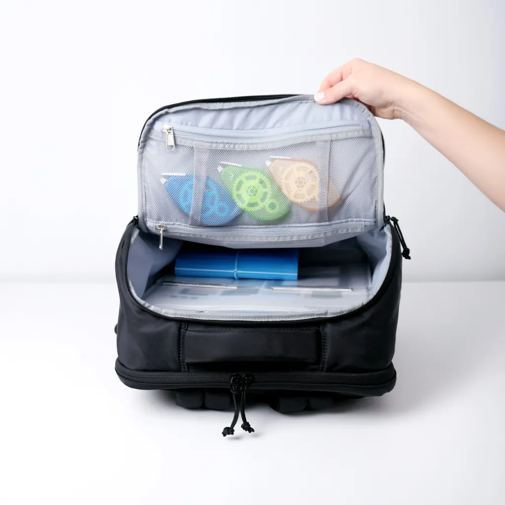 A black backpack with an open top revealing organized compartments. The upper section contains a mesh pocket with colorful rounded objects, while the lower section shows blue and transparent storage containers.