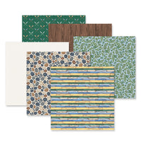 Set of six patterned paper sheets with different designs on a white background