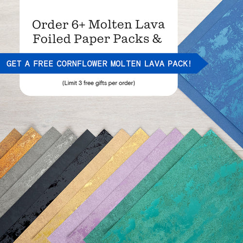 Molten Lava Foiled Paper with color options layed flat and showing the free Cornflower pack