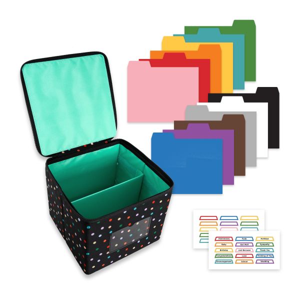 Greeting Card Organizer Tin Box Kit with Dividers, Cards, and Envelopes  (Dots)